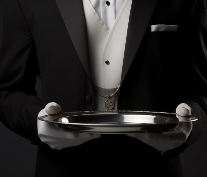 Tuxedo wearing waiter holding silver tray in front of his body. Tuxedo wearing waiter holding silver tray in front of his body.